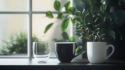 A serene scene featuring three cups and a plant by a window.
