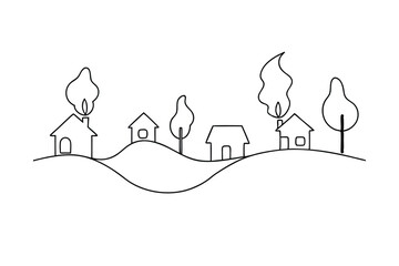 Simple Line Drawing of Idyllic Suburban Houses and Trees