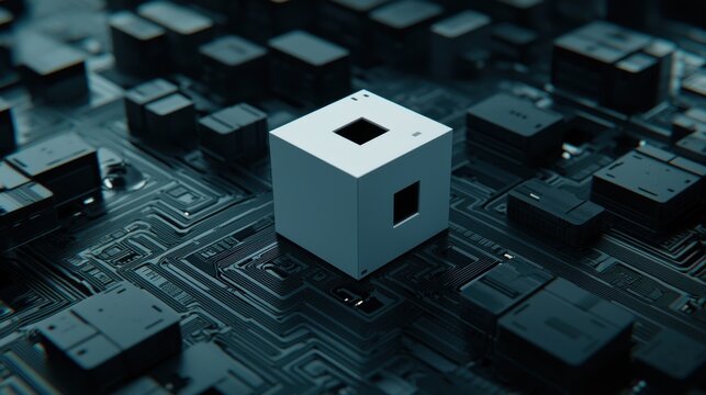 Abstract Representation of a Single White Cube in Digital Circuitry