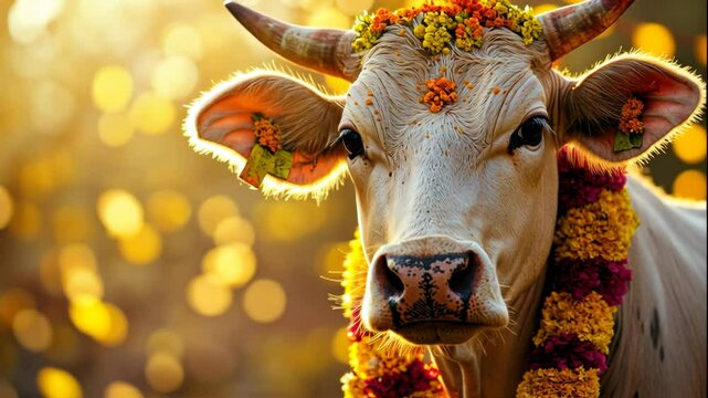 Sacred white cow close up. Indian Cow in traditional marigold garland and flower crown for Makar Sankranti holiday.	
