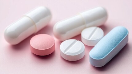Variety of Colorful Pills and Capsules on Soft Pink Background
