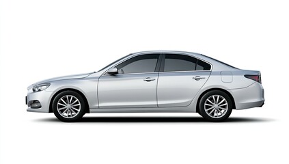 Fototapeta premium Silver Sedan Profile Against White Background