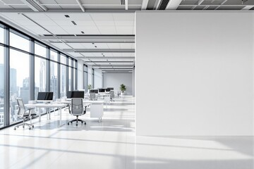Modern office interior with blank wall for presentation.