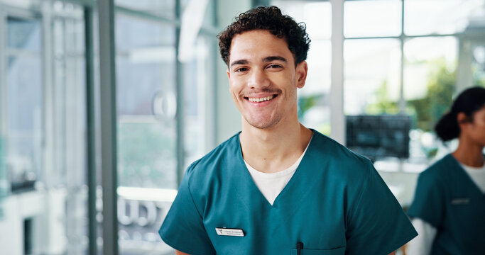 Healthcare, nurse and man in portrait with smile, about us and professional career for worker. Hospital, male person and surgeon with confidence for medical internship, assistance and happy in clinic