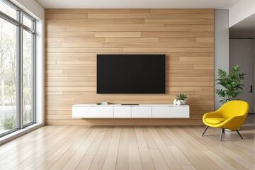 Modern living room with wooden wall, TV, white floating cabinet, yellow armchair, and green plants near large window.