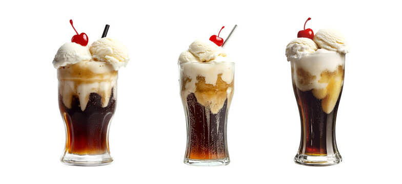 Root beer float with vanilla ice cream and cherry on a transparent background