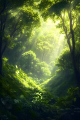 Lush Green Hills with Majestic Trees and Dappled Sunlight Creating a Tranquil and Vibrant Atmosphere in Nature