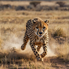 Naklejka premium Cheetah in Motion: A cheetah, the world's fastest land animal, sprints across the savanna, showcasing its incredible speed and agility in a moment of high-action photography.