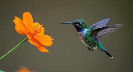 Hummingbird Approaching Vibrant Orange Flower in Natural Setting