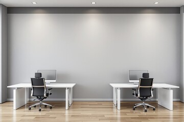 Modern minimalist office interior with two white desks and ergonomic chairs.