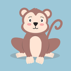 An adorable cartoon monkey sitting on a blue background with a friendly expression, perfect for kids' illustrations and animal-themed graphics