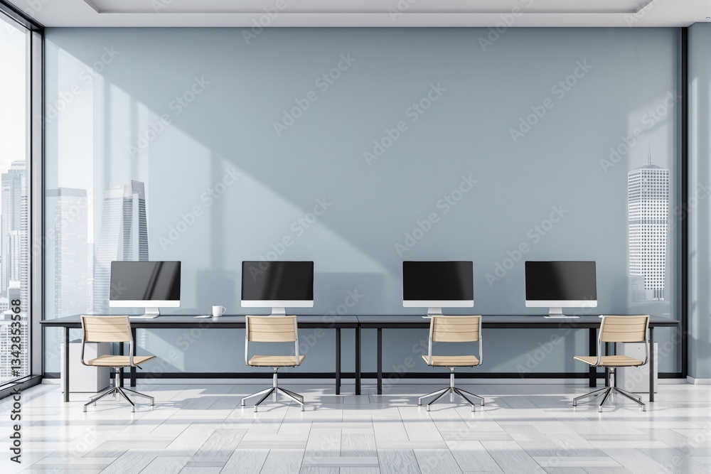 Poster modern office interior with minimalist design and large windows.