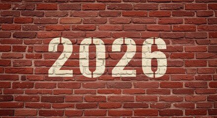Obraz premium The year 2026 painted on a red brick wall background Perfect for new year's future and time related concepts