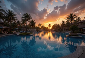 Obraz premium Luxury Resort Pool Sunset Tropical Paradise Palm Trees Vacation Sky Blue Calm Hotel Ocean Beach 