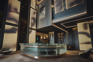 A contemporary hotel lobby features a sleek glass reception desk, dark walls with illuminated panels, and comfortable seating. Warm ambient lighting enhances the luxurious atmosphere.
