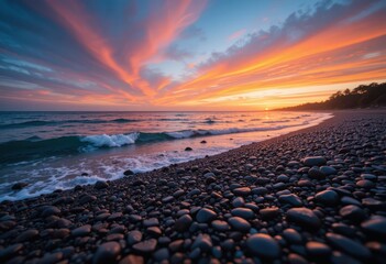Stunning Ocean Sunset Beach Rocks Vibrant Sky Summer Waves Peaceful Nature Scenery sea view calm    