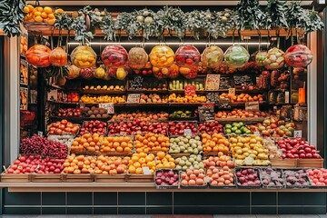 Obraz premium Fruit stall with many fruits and food for sale on display inside of a market