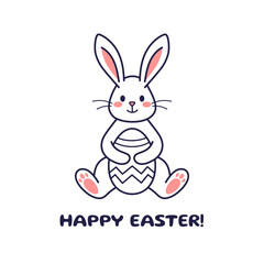 Easter character sitting bunny, rabbit, hare with painted egg. Vector flat design, outline illustration. Easter character icon, sticker. Happy Easter concept. Hare icon. Easter character coloring page
