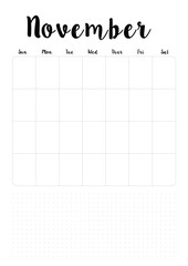 minimalist november a4 printable month planner with clean grid layout, habit tracker, and goal-setting space for productive time management and customizable scheduling