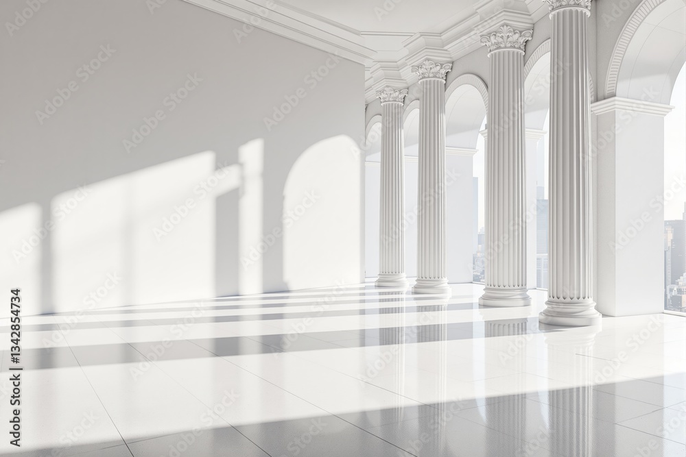 Poster classical interior with tall white columns and arched windows.