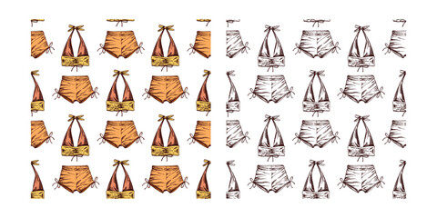 hand drawn colored and monochrome seamless pattern with bikini and shorts in vintage style