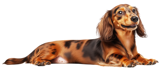 happy dachshund dog with long body and smooth coat lies down, looking content. Its expressive eyes and floppy ears add to its charming appearance