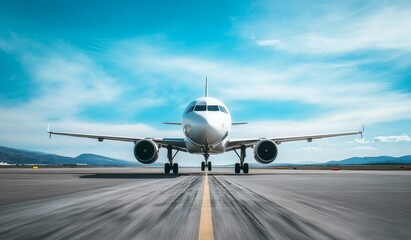 White jet airplane taxiing on runway, clear sky background