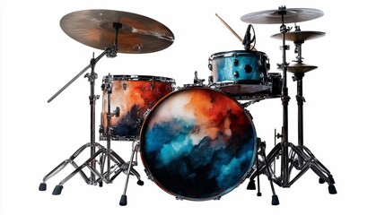 A vibrant drum kit with a custom painted sky design ready for performance