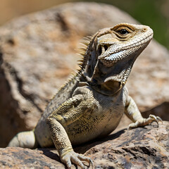 Regal Reptile's Perch: A close-up portrait of an alert lizard, basking in the warm sunlight on a textured stone, showcasing its textured skin and sharp gaze.