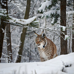 Lynx in Winter Wonderland: A majestic lynx prowls through a serene, snow-covered forest, the cold air swirling around its thick fur and the pristine snow blanketing the scene