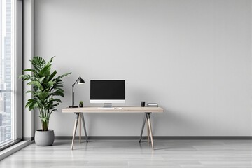 Modern workspace with wooden desk, computer, lamp, and plant in minimalist interior.