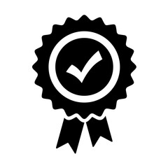 approval, confirmation for further activities, quality verification, validation,  endorsement for progress. badge with serrated edges, featuring a check mark with two hanging ribbons