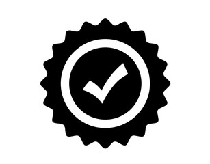 Black badge with jagged edges and a check mark in the center. quality certification, approval, correct decision-making, and validation of reliability.