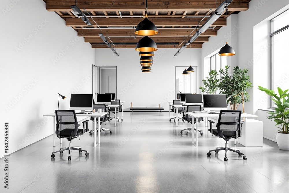 Poster modern creative office interior with contemporary design and open workspace.