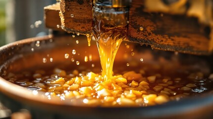 Apple cider pressing process in close-up with fresh pulp between wooden plates of vintage press, amber juice flowing into copper basin, golden apple fragments catching natural daylight
