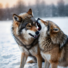Fototapeta premium Arctic Wolves' Whispers: Two majestic wolves in a snowy, cold, winter landscape engage in a moment of intimacy, with one seemingly whispering to the other amid falling snowflakes.