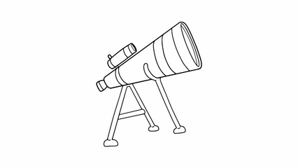   Cartoon style line illustration of an astronomical telescope placed on a tripod. 