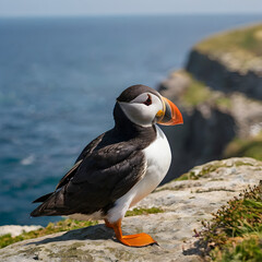 Atlantic Puffin on Cliff: A vibrant Atlantic puffin stands proudly on a coastal cliff edge, the expansive blue ocean stretching out in the background, capturing a moment of natural elegance.