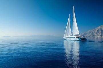 Large luxurious sailboat peacefully sailing across the beautiful blue ocean waters