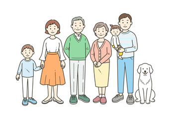 三世代の家族とペットが集合した全身イラスト