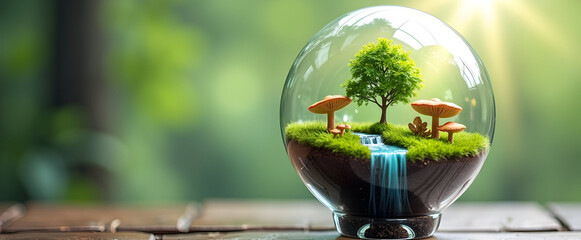 A tranquil glass globe showcases a miniature ecosystem with trees, mushrooms, and a waterfall.