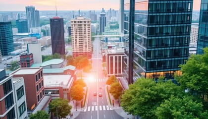 Urban vista showcasing towering skyscrapers and tree lined avenue at daybreak