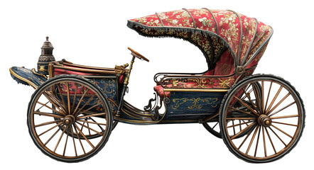 Fototapeta premium beautifully ornate, vintage rickshaw with intricate floral patterns and red cushioned seat, showcasing elegant craftsmanship and historical charm