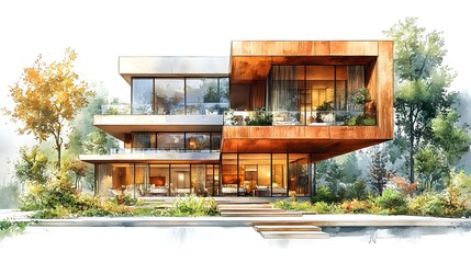 watercolor sustainable hotel on white background