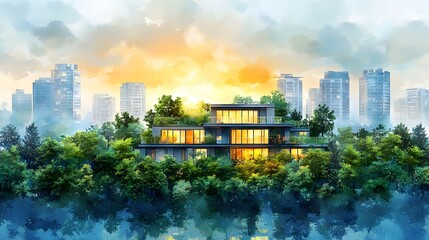 watercolor sustainable hotel on white background
