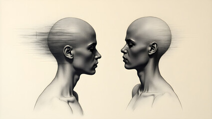 Man and woman mannequins standing together in a futuristic style