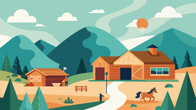 A rustic wellness ranch in the countryside where you can disconnect from technology and reconnect with nature through horseback riding and hiking.. Vector illustration