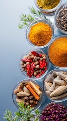 An array of spices and herbs displayed in small bowls highlighting the vibrant colors of a traditional spice market