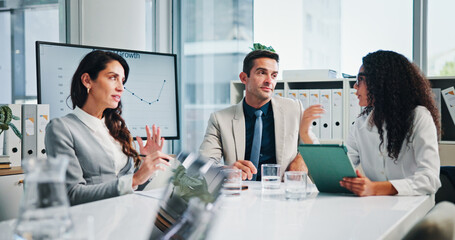 Meeting, group and discussion with tablet, business or collaboration for financial performance or online. Planning, teamwork and people with tech for investment, accountant or colleagues in boardroom