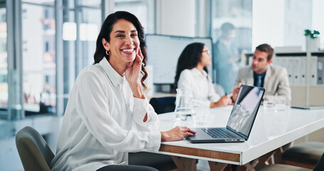 Meeting, portrait or happy businesswoman on laptop with shareholders for planning and capital growth. Manager, accounting budget or financial advisors in boardroom office with executive directors